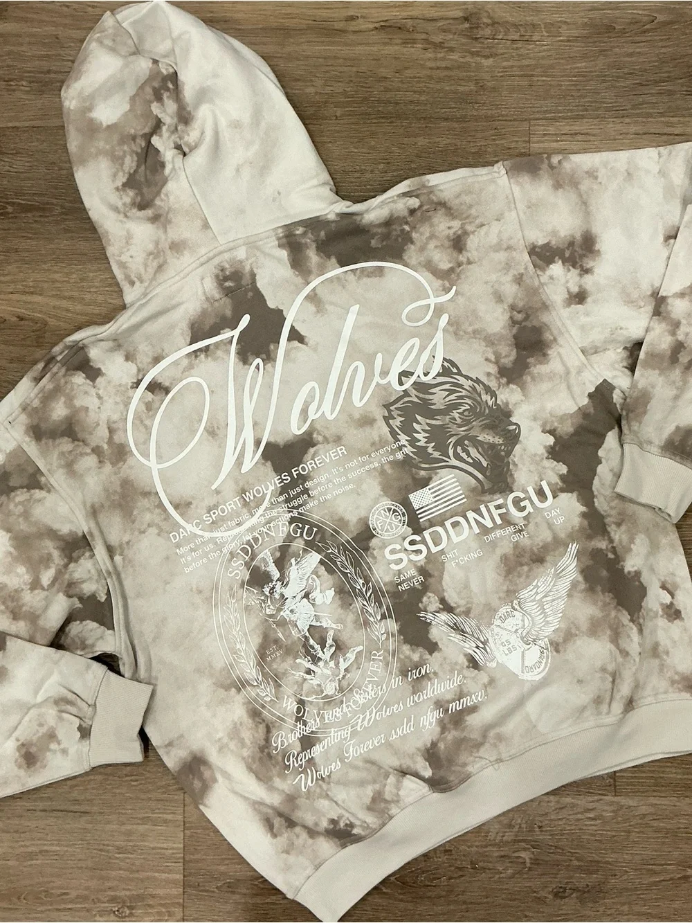 Darc Sport Wolves Graphic Crewneck Hoodie - Taupe & White Tie-Dye